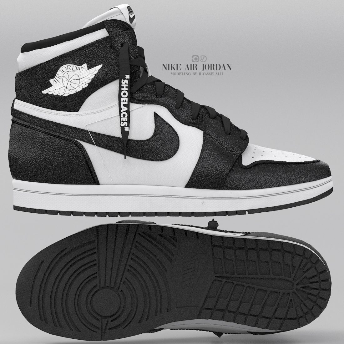 Black And White Nike Air Jordan 1 Retro - 3D Model for VRay, Corona