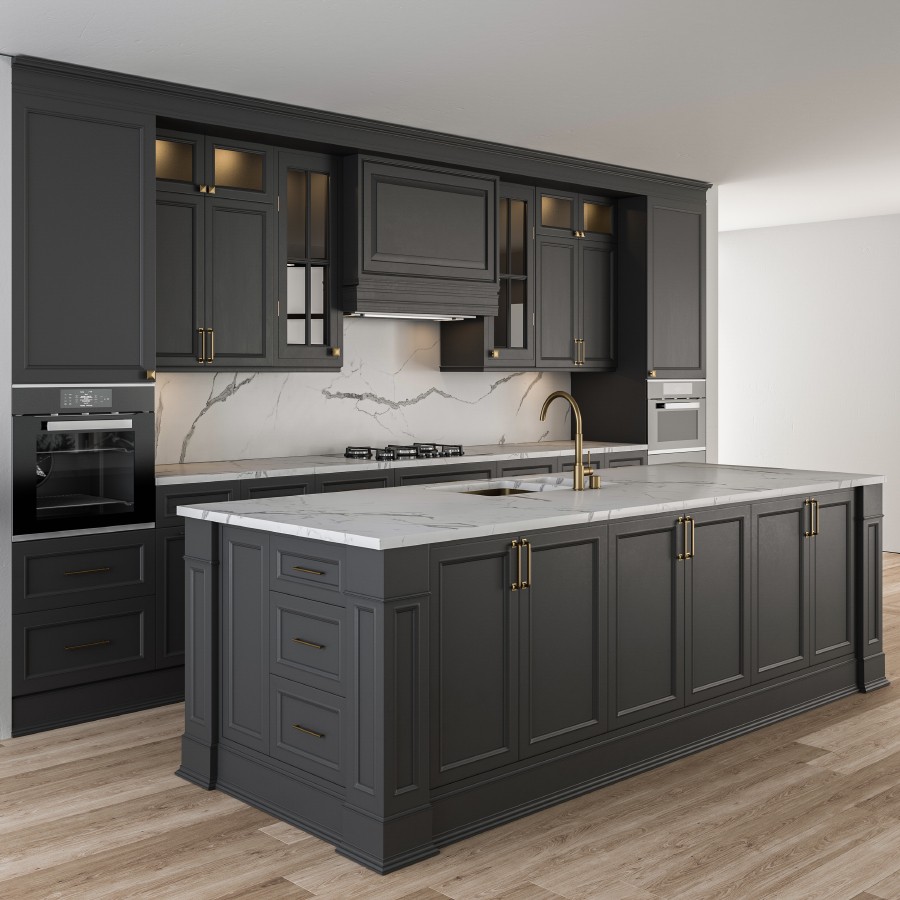 Kitchen Neoclassic - Dark Gray And Gold Set 26 - 3D Model for VRay, Corona
