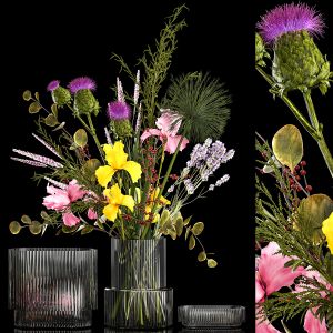 Bouquet Of Flowers Thistles Irises Ilex Lavender