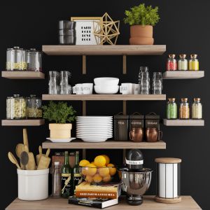 Kitchen  Accessories On Wood Shelves