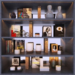 Shelf With Decor. Books, Candles, Magazine