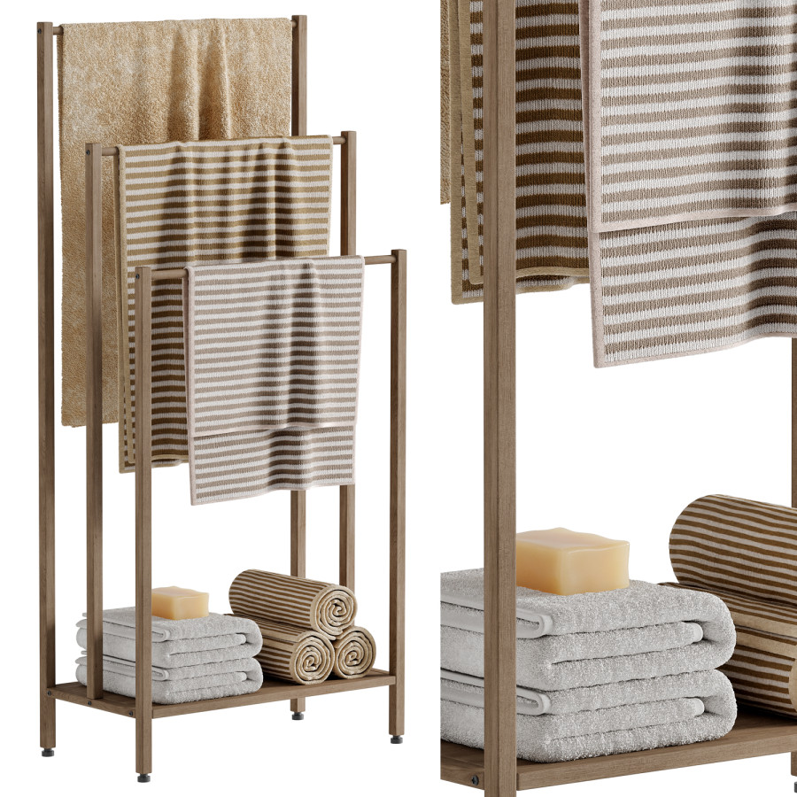 Wooden Towel Rack With Towels Hanging On It 05 - 3D Model for VRay, Corona