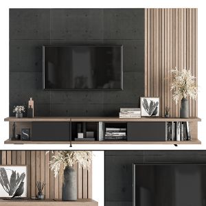 TV Wall Black Concrete And Wood - Set 10