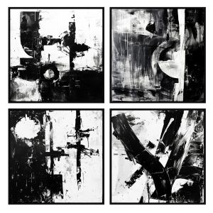 4 Chiaroscuro Black & White Paintings In Frames