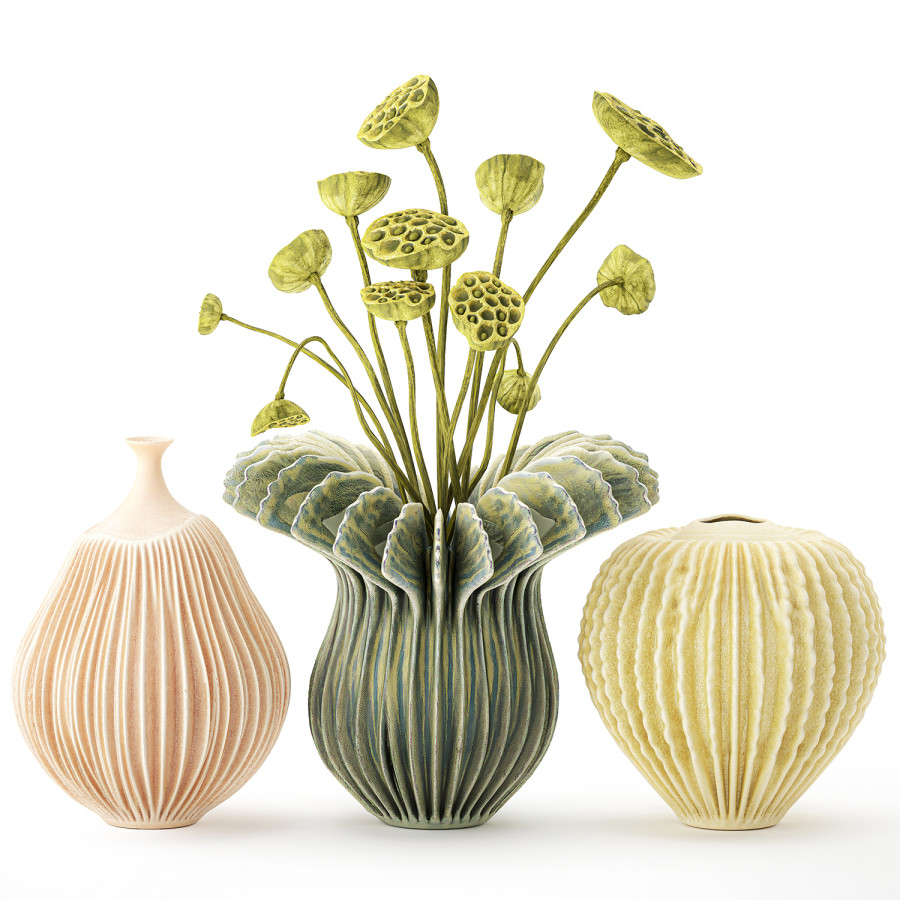 Ceramic Set Vases Bouquet Dried Flowers Lotus Set 3D Model for VRay ...