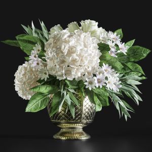 Flower Set 043 White Hydrangea Gold Vase