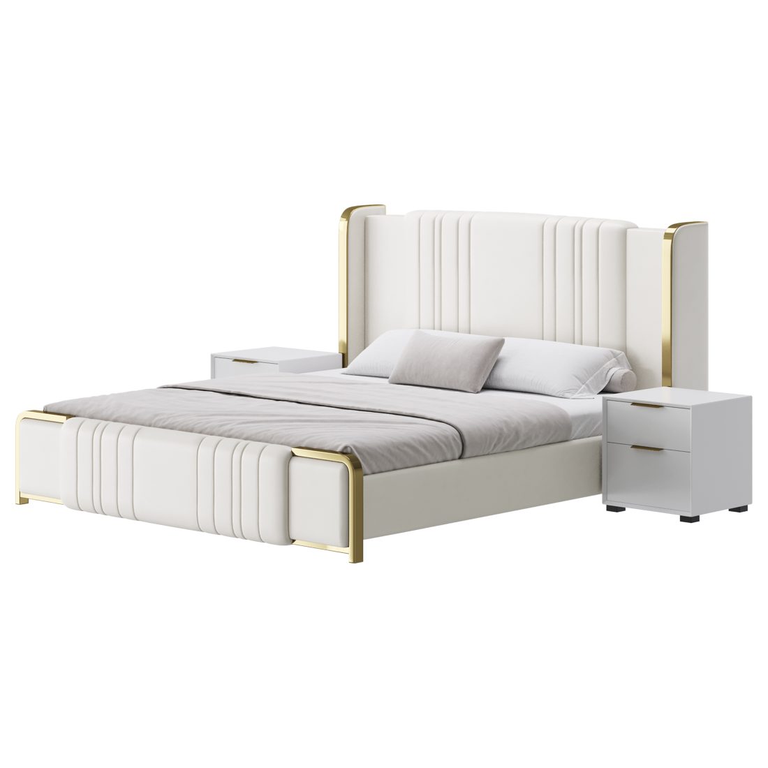 Glamorous White Upholstered Wingback Bed I - 3D Model for Corona