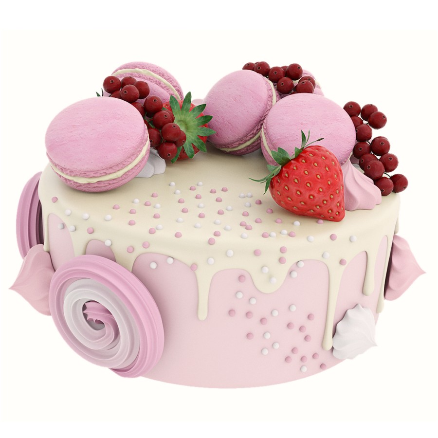 Open Cake File Pink Cake With Macaroons - 3D Model for VRay, Corona
