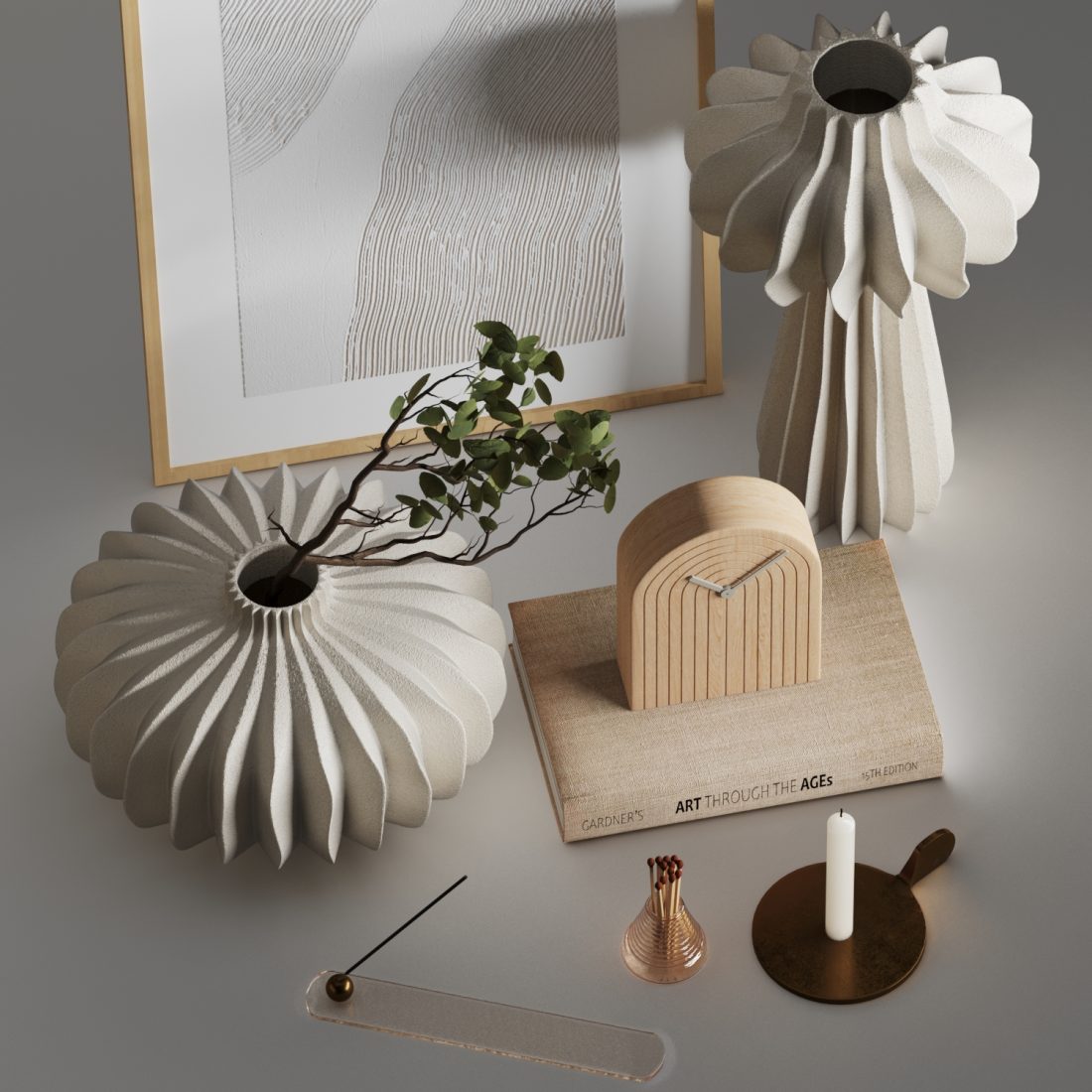 Decorative Set 02 With Lithos Vases - 3D Model for VRay, Corona