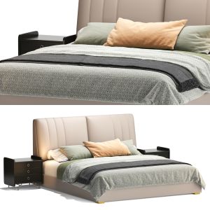 Beige Upholstered Modern Bed With Wood Frame And H