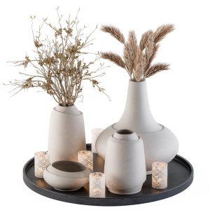 Decorative Set Vases And Dry Plants