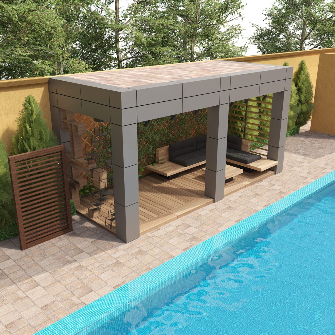 Modle Cladding Ketchain Aluminum Cladding Pergola With Pool 3D Model for VRay, Corona | CGMood