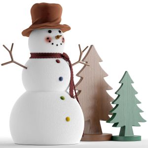 Snowman And Wooden Christmas Tree
