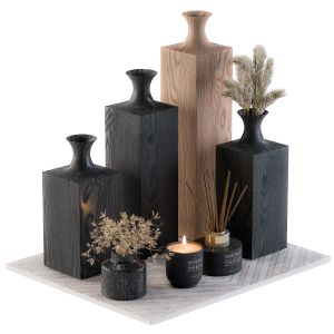 Decorative Set Wooden Vases And Dry Plants