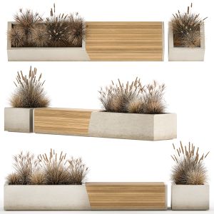 Bench With Flowerpot And Bushes For Outdoor Decor