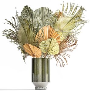 Bouquet Of Dried Flowers Palm Leaf Branch Vase